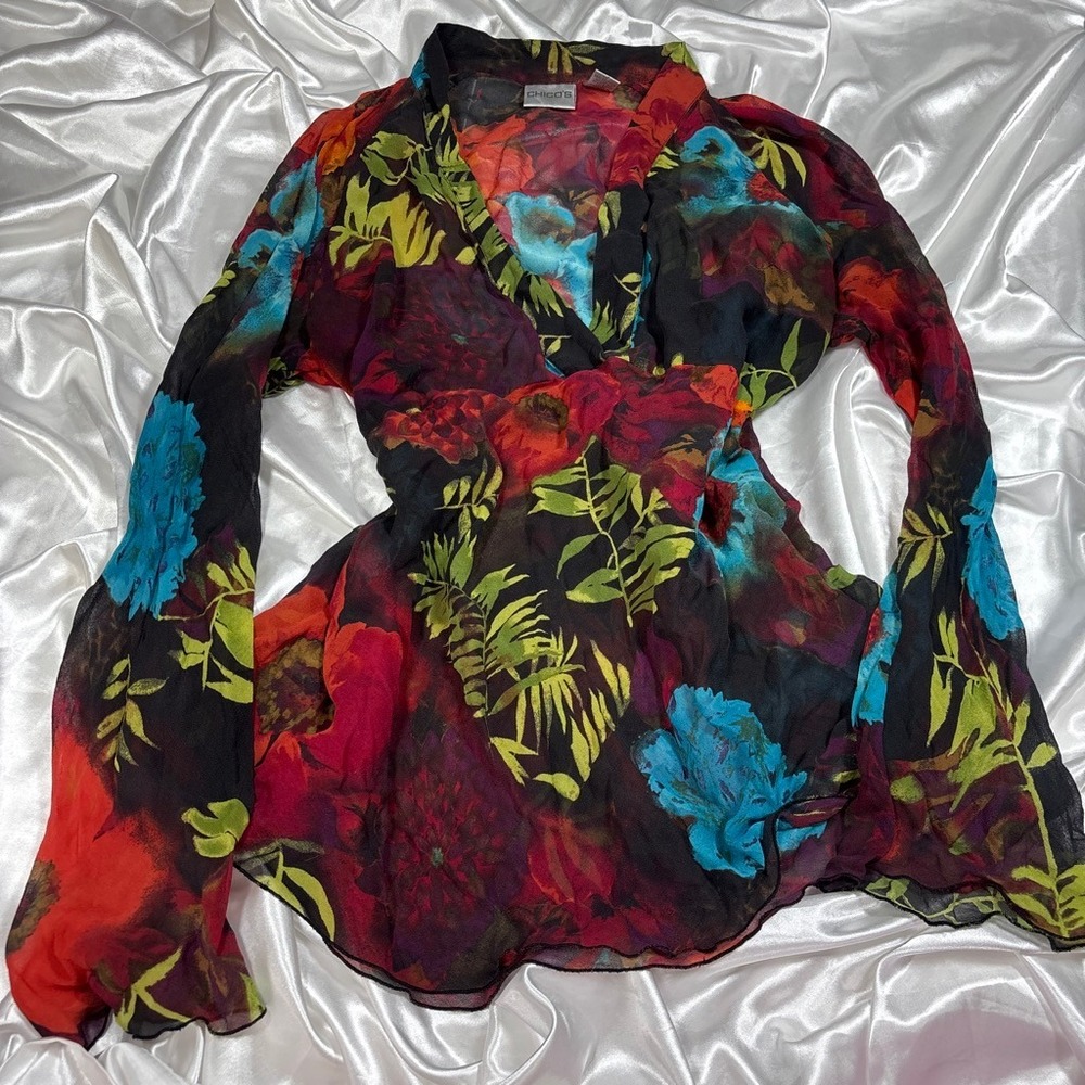 y2k Chico's Floral Silk Blouse Black Sheer Wrap V-Neck Lettuce Edge